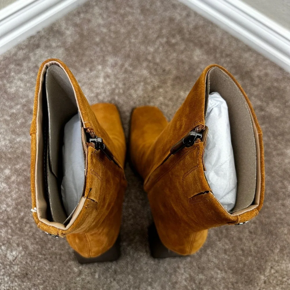 Sam Edelman Cognac Suede Square Toe Block Heel Ankle Boots Womens 10.5 M Western